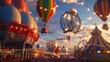 Balloons rising above a whimsical carnival scene.