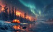 Winter camping scene with a snowcovered tent, northern lights above