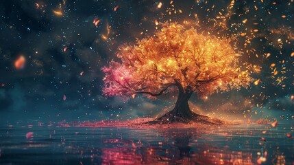 Wall Mural - Mystical tree with glowing golden leaves in a surreal water landscape, an ethereal scene by AI Generative.