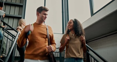 Poster - University, steps and students walking with conversation, planning or classroom subject discussion. College, stairs and gen z crowd of friends leaving campus for group project, learning or education