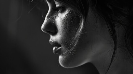 Wall Mural - Portrait of young woman in profile close up, Black and white, Low key