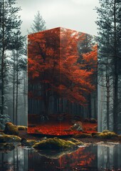 Wall Mural - A tree is reflected in a cube