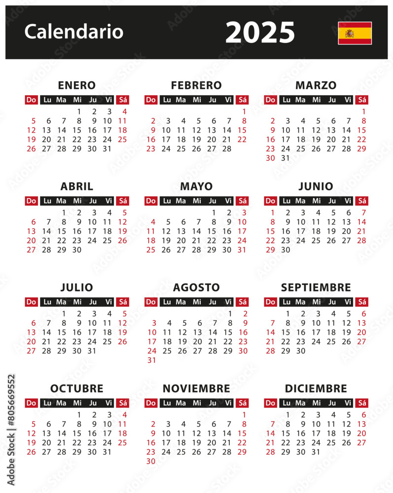 Vector de Stock 2025 Calendar - vector stock illustration. Spain ...