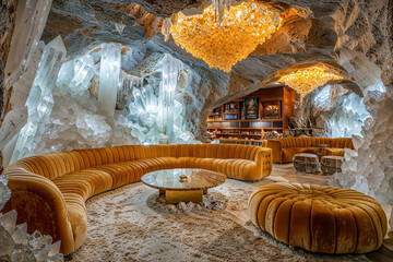 Wall Mural - Underground home interior design, white and gold tan, crystal formations, grotto, fantasy architecture, luxury