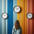 Woman Facing a Wall Painted with 4 Vertical Stripes of Blue, Red, Orange, and Yellow and an Analog Clock Mounted. Time is Passing and Running Out.