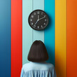 Woman Facing a Wall Painted with 4 Vertical Stripes of Blue, Red, Orange, & Yellow and an Analog Clock Mounted. Time Passage is Passing Vanishing Disintegrating & Running Out. Office Business Machine