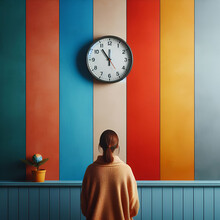 Woman Facing A Wall Painted With 4 Vertical Stripes Of Blue, Red, Orange, & Yellow And An Analog Clock Mounted. Time Passage Is Passing Vanishing Disintegrating & Running Out. Office Business Machine