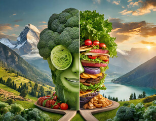 Wall Mural - Healthy food and human face made of hamburger, vegetables and fruits. Healthy eating concept with choice and dilemma 