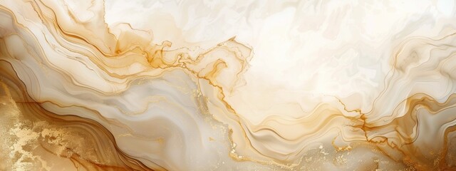 Fototapete - A closeup of an abstract, fluid pattern in shades of beige and brown, resembling flowing watercolors on glass or marble, with subtle gold accents. The background is soft white clouds.