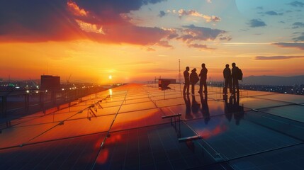 Poster - Tablet, solar energy or engineering team on roof in a city planning, talking or speaking of renewable energy, Solar panels, collaboration or electricians working on photovoltaic development