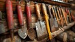 Vintage farm tools hanging in an old barn, heritage and history, detailed closeup