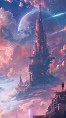 Canvas Print - a dramatic sci-fi cityscape with towering structures under a cosmic sky, bathed in hues of pink and 