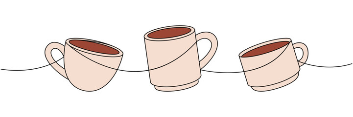 Wall Mural - Traditional coffee cups one line colored continuous drawing. Hand drawn elements for cafe menu, coffee shop. Vector linear illustration.