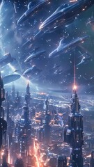 Wall Mural - a cityscape with many buildings and spaceships flying in the sky. scene is futuristic and exciting. 