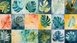 © Alpha - Elegant watercolor featuring a grid of tropical leaves, each segment showcasing a different leaf in the thematic colors for a chic rug layout