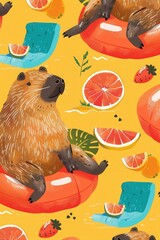 Wall Mural - Seamless vector pattern with cute capybaras on pool floats. Hand drawn summer wallpaper design. Perfect for textile, wallpaper or nursery print ... See More