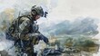 Subtle watercolor of a SWAT officer checking equipment, meticulous attention to detail in the gear and hands, set against a serene range backdrop