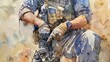 Subtle watercolor of a SWAT officer checking equipment, meticulous attention to detail in the gear and hands, set against a serene range backdrop