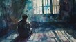 Watercolor painting of a man at night in his cell, the moonlight casting shadows on the floor, highlighting his isolation and loneliness