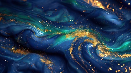 Abstract magic blue background with golden sparkles. Photo of a blue liquid with gold glitters and green tints