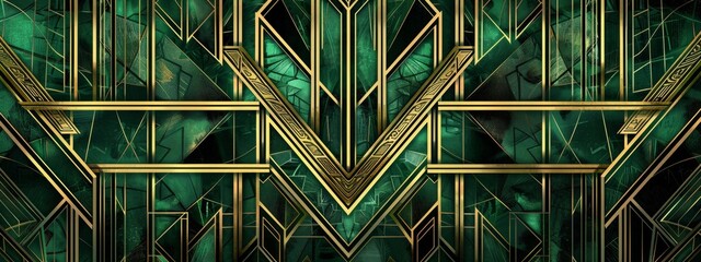 Fototapete - A geometric pattern of green and gold lines, with an Art Deco style background. The design incorporates dark emerald and metallic accents, using the technique of digital illustration.