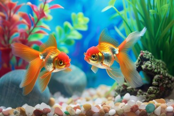 Wall Mural - Goldfish in aquarium with bright aquatic decorations