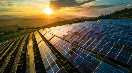 Wall Mural - high-altitude shot of a solar panel farm, rows of panels shining under the sun, symbolizing renewabl