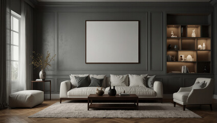 AI generative of 3d rendering illustrations of minimalist interior living room with gray wall panel, gray, sofa , table and white credenza. Wood parquet floor and white ceiling. Set 3