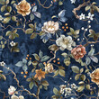 Silk fabric texture dark brown with bright floral pattern. Fragment of colorful retro tapestry textile pattern with floral ornament useful as background