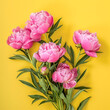 Pink peonies on green and yellow background. Fresh bunch of pink peonies. Trendy color. Bloom love concept. Card, text place, copy space.