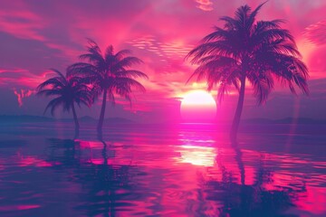 Wall Mural - enchanting tropical oasis neoninfused retro sunset with silhouetted palm trees abstract background