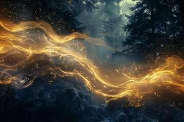 ethereal golden flames intertwining in moonlit forest abstract background