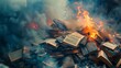 A pile of discarded books smoldering in the ashes of a burning library, with flames licking at the remnants of knowledge and culture