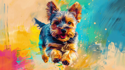 Wall Mural - yorkshire terrier puppy running in colorful pop art comic style painting illustration.