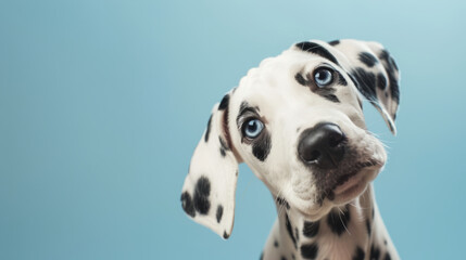 Wall Mural - Adorable dalmatian puppy with questioning and curious face isolated on light blue background with copy space.