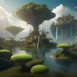 A surreal fantasy landscape with floating islands and magical creatures1