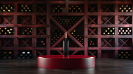 A bottle of wine is on a red table in front of a wine rack