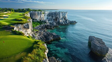 Wall Mural - Golf Course Panorama on White Cliffs with Iconic Rock Arches and Blue Sea View