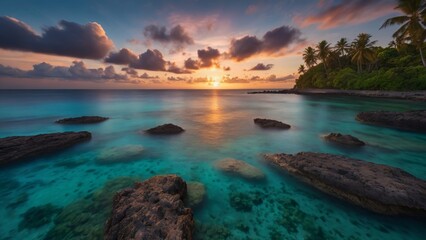 sunset over the sea , sea, water, beach, ocean, sky, landscape, island, coast, travel, nature, summer, tropical, vacation