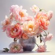 Ethereal arrangement of coral charm peonies, roses, and stock in watercolor, capturing the essence of grace in soft hues ,  fresh and clean look