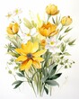 Watercolor artwork of yellow tulips and daisies, paired with olive and sage leaves, creating a serene and loving display ,  high resolution
