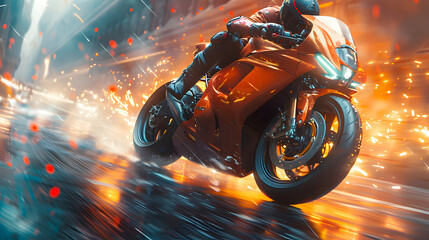 a motorcycle rider on a red motorcycle moving fast fantasy concept