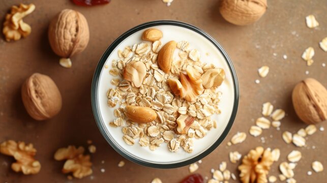 yoghurt served with oats and dried nuts on brown background