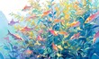 watercolor of a school of bright neon tetra fish darting through water plants, Generative AI