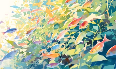 watercolor of a school of bright neon tetra fish darting through water plants, Generative AI