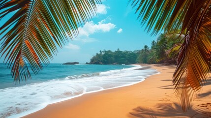 Wall Mural - beautiful beach with palm trees in morning with peace and calm sea wave