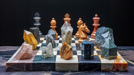 chessboard with rare earth element pieces create a visual metaphor with a chessboard where the piece