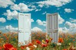 pair of open white doors in vibrant flower field new beginnings and endless possibilities metaphor surreal digital art