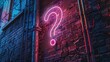 Neon sign shaped like a question mark on a brick wall, adding intrigue to the urban setting. Ai Generated.