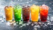 Assortment of various beverages served in crushed ice, creating a refreshing and visually appealing display. Ai Generated.